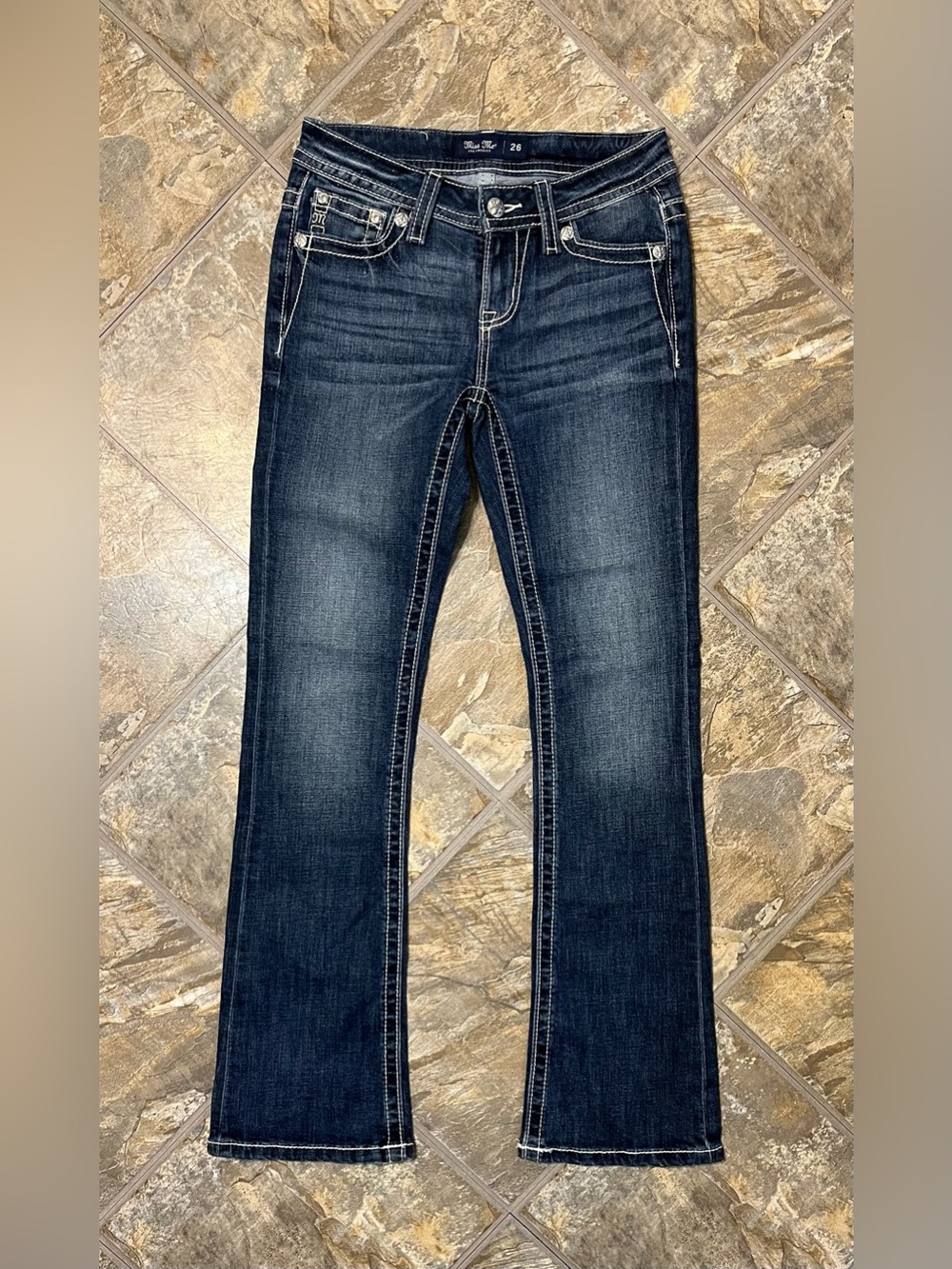Miss Me Mid Rise Boot Jeans Blue Women’s Size 26 Rhinestone Stretch